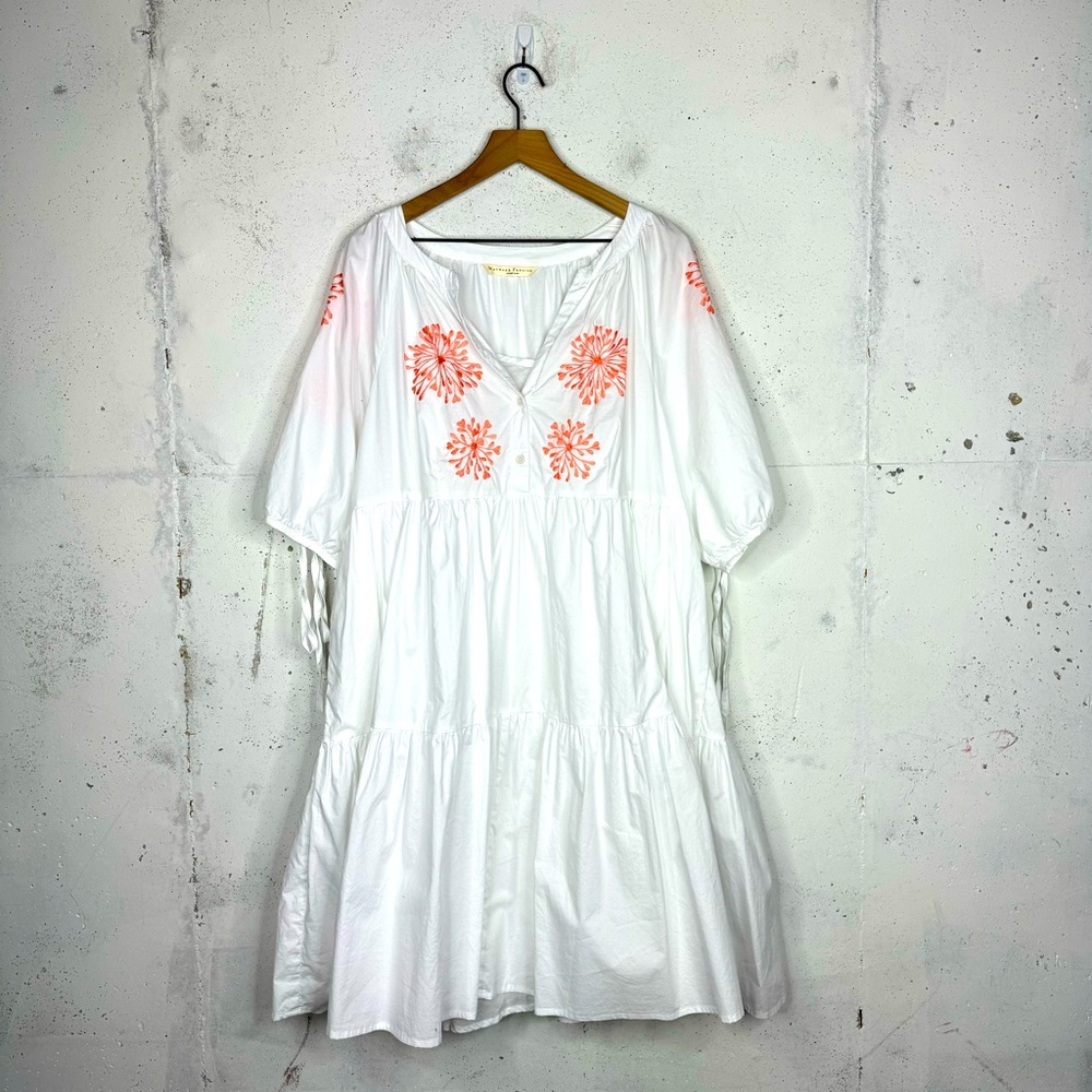 Wayward Fancies Eshakti Peach Embroidered Poplin Tiered Shift Dress Tie Sleeves